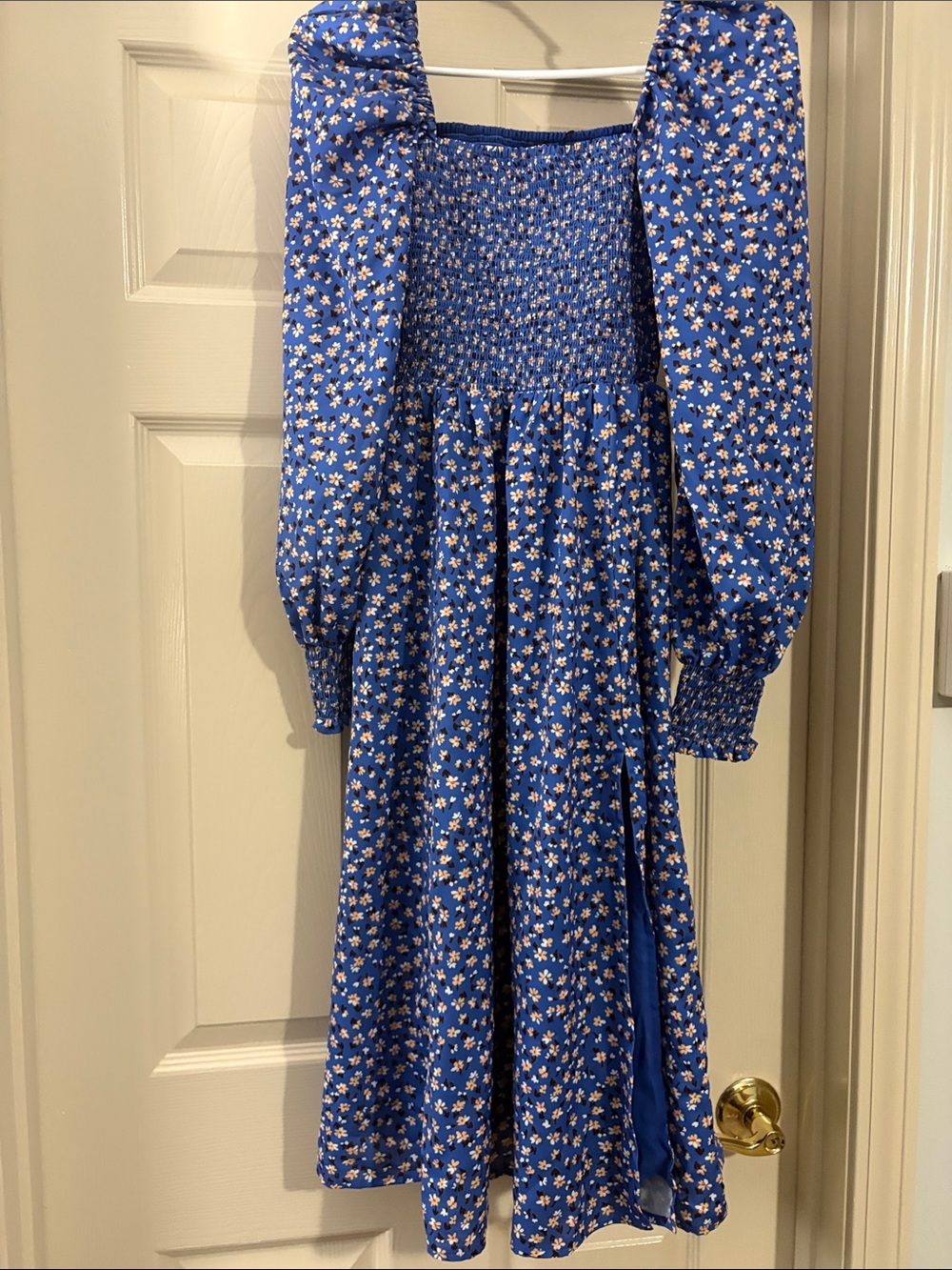 Blue Floral Long Sleeve Smocked Midi Dress